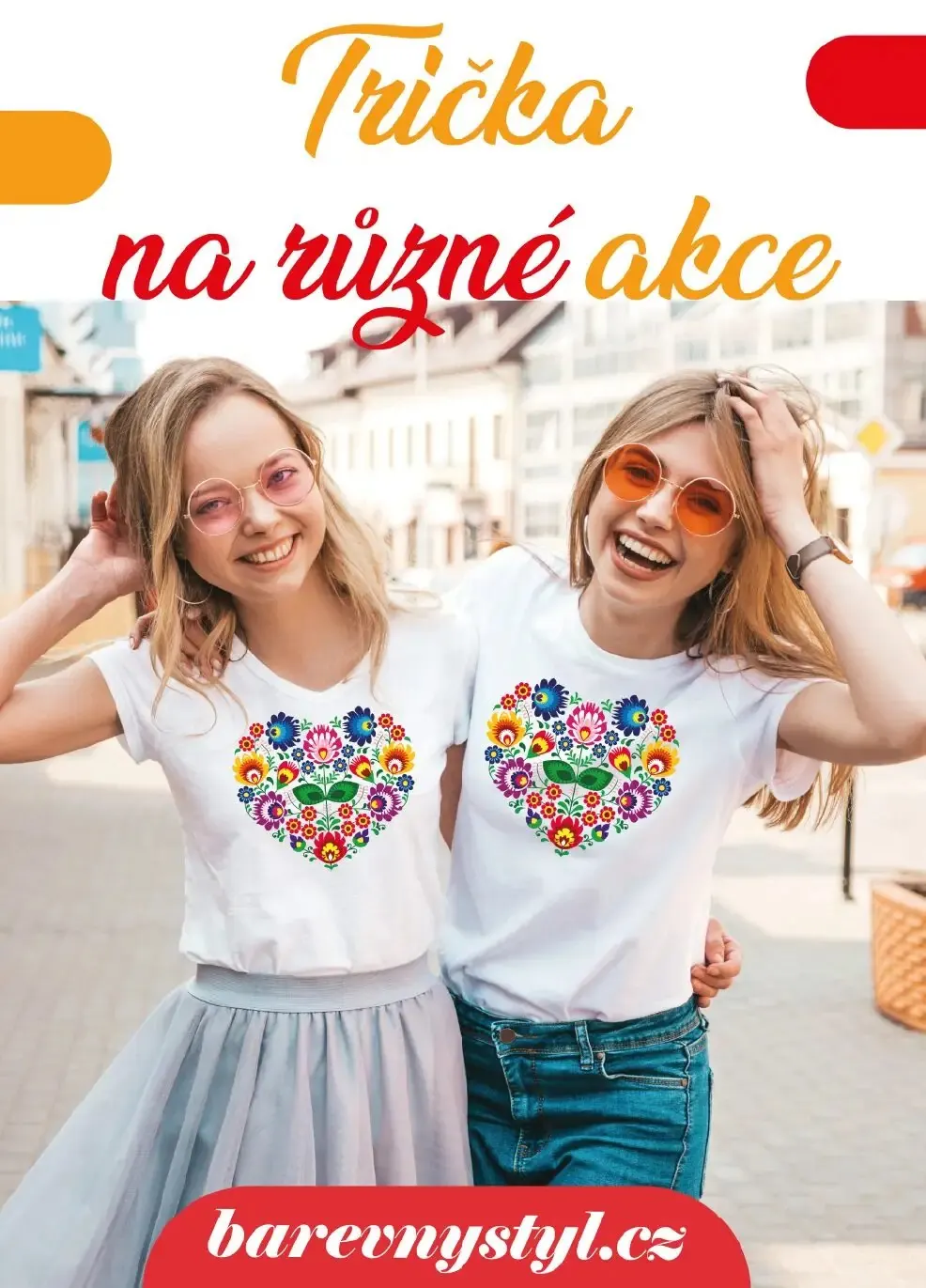 Plakát Trička na různé akce, dvě dívky v tričkách se srdcem
