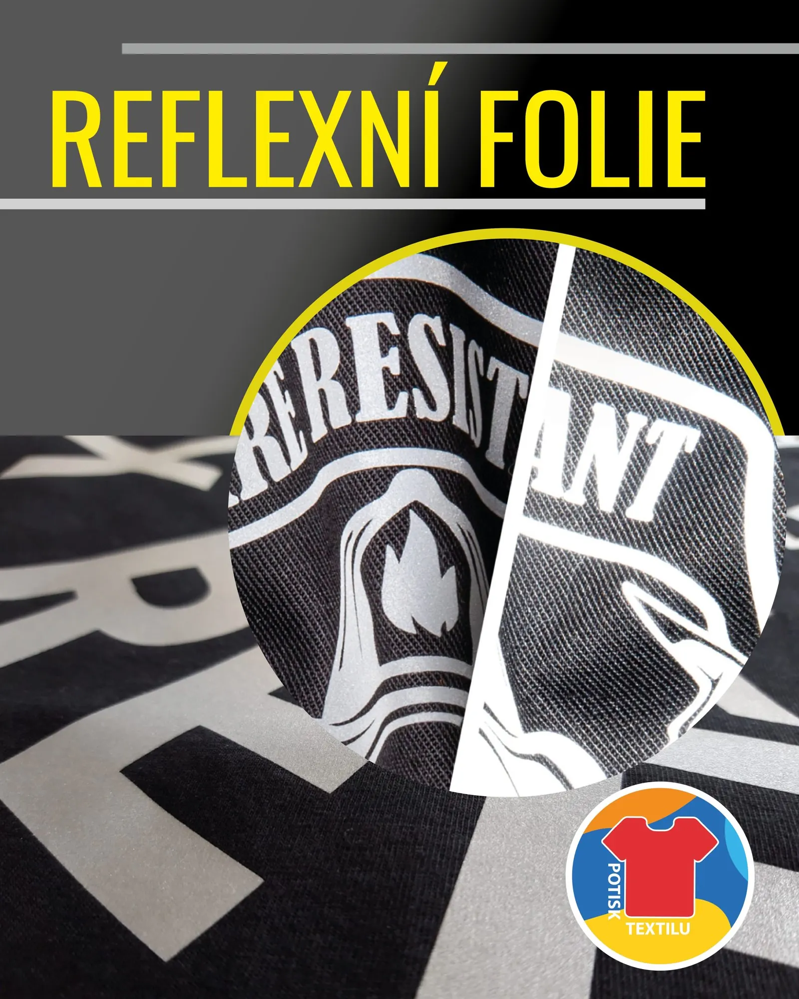 Plakát reflexní fólie na černé bundě