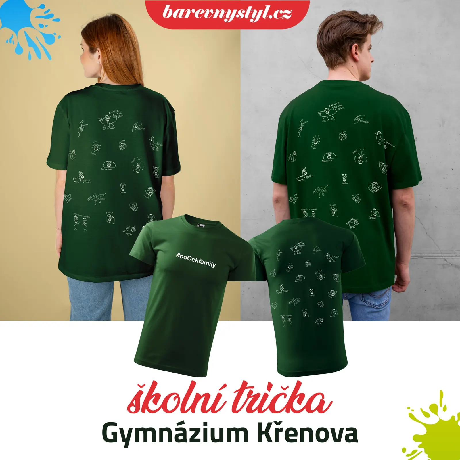 Studenti Gymnázia Křenova v zelených tričkách s kreslenými ikonami